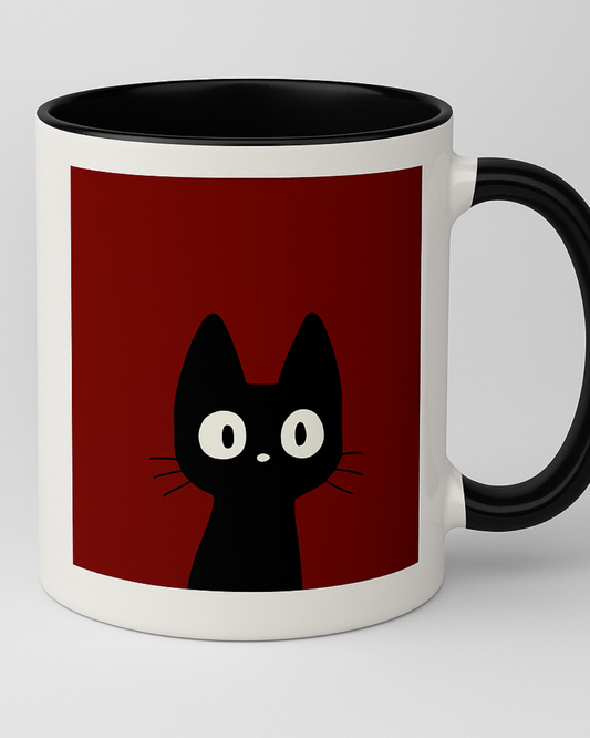 Cute Black Cat Mug – Minimalist Red & White Ceramic Coffee Cup