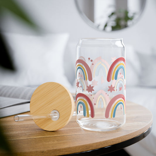 Glass sipper with pastel rainbow and star design, bamboo lid and straw