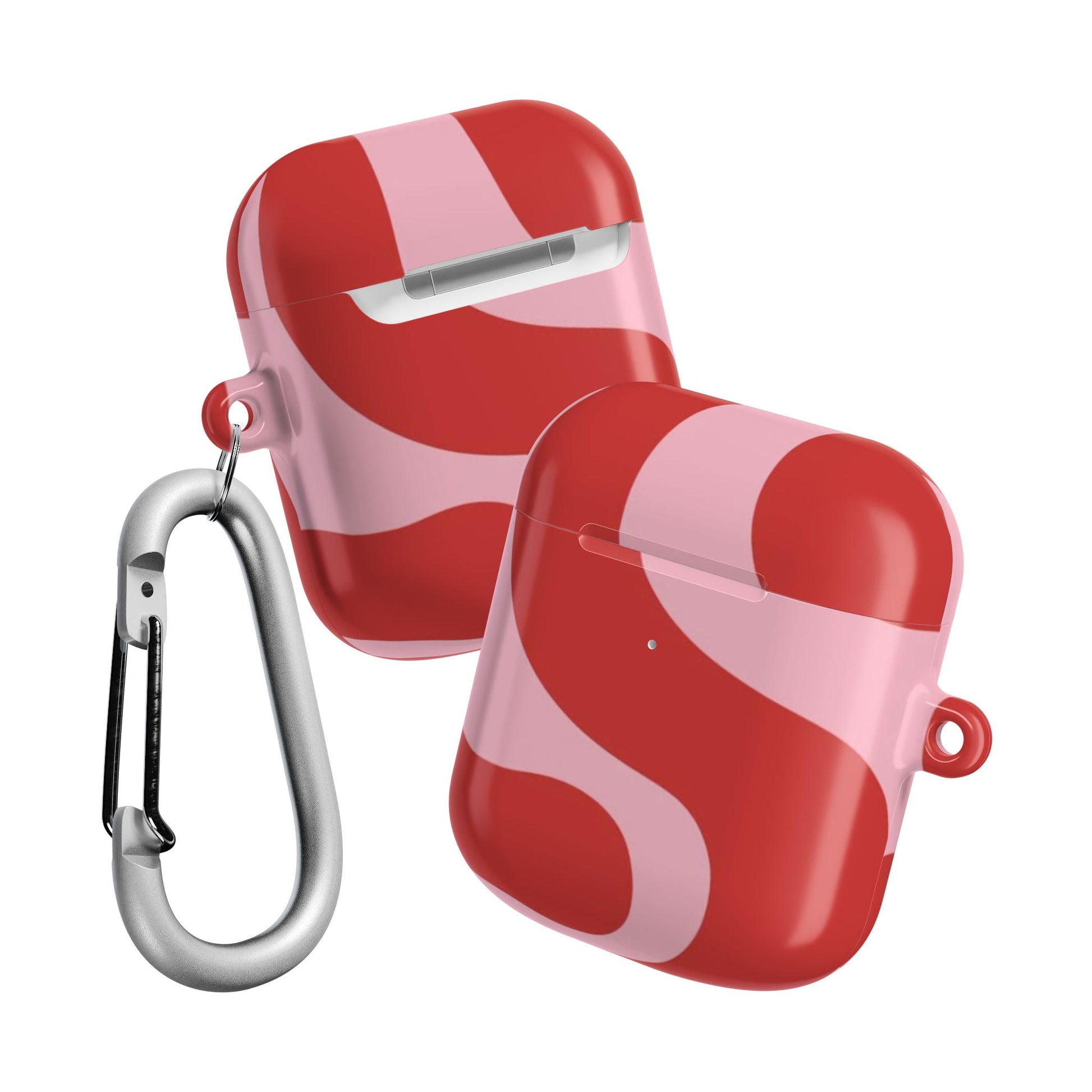 Red and pink patterned case with a carabiner on a white background