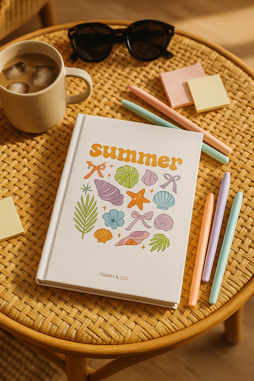 Hardcover white notebook with colorful summer-themed illustrations, including seashells, palm leaves, and bows, labeled “Summer Vibes” on the front.
