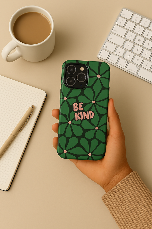 Hand holding a phone with a 'BE KIND' case on a desk with a cup of coffee, keyboard, and notebook.