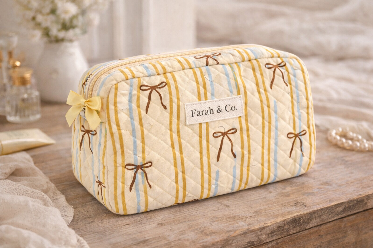 Golden Ribbon Quilted Makeup Pouch – Bow Cosmetic Bag
