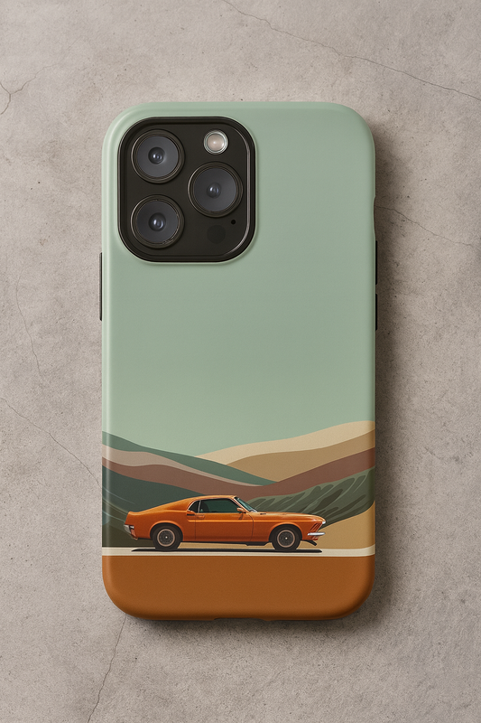 Retro Orange Car Phone Case – Vintage Muscle Car Design with Scenic Mountain Backdrop