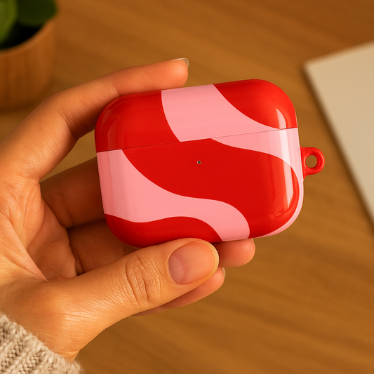 Red and pink AirPods case with bold wavy pattern, shown close-up in hand on a wooden surface