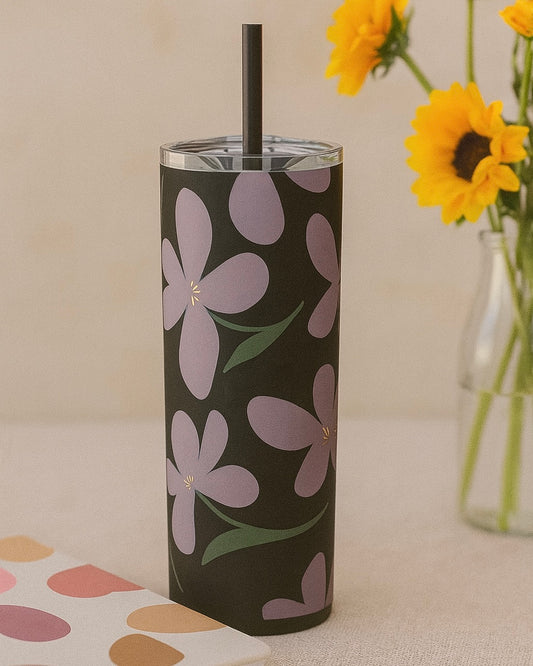 Midnight Bloom Floral Tumbler – 20oz Black Stainless Steel with Straw