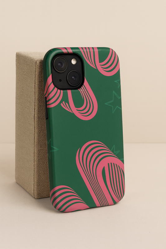 Green & Pink Abstract Phone Case – Retro 3D Line Art Design