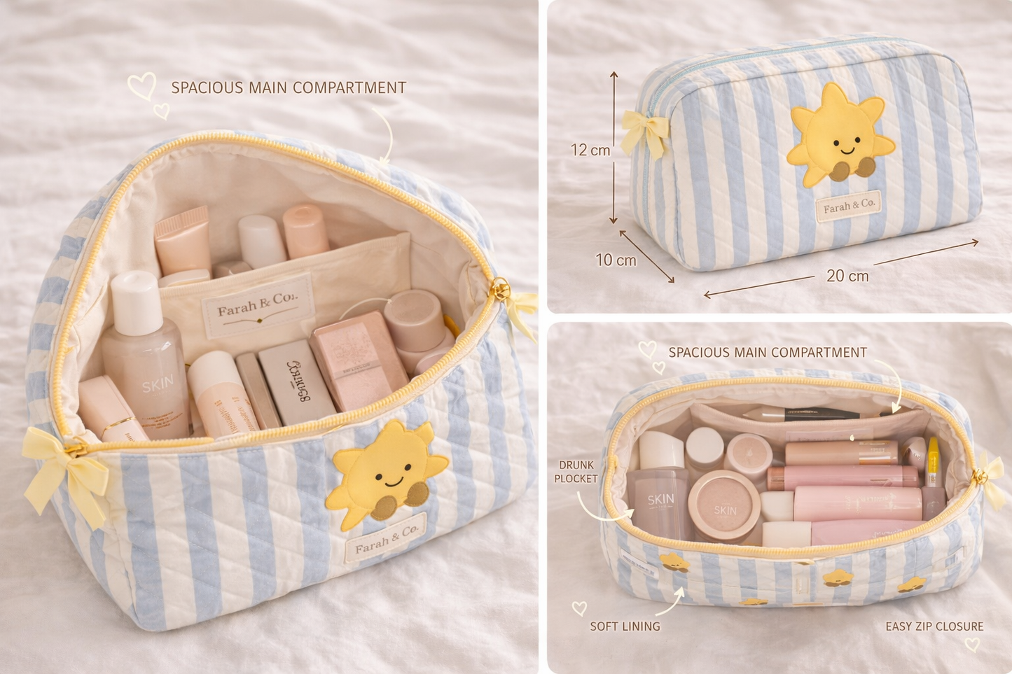 Sunny Day Quilted Makeup Pouch – Cute Cosmetic & Toiletry Bag