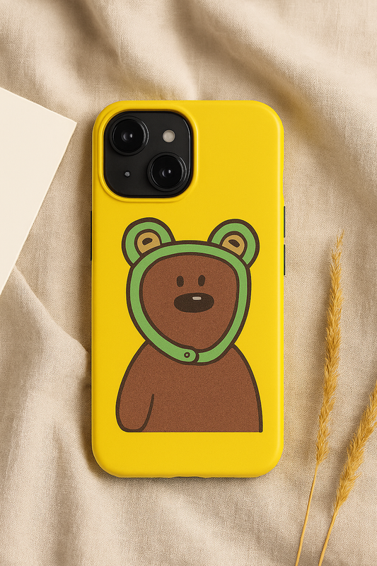 Cute Bean Phone Case – Yellow Background with Frog Hoodie Bear Design