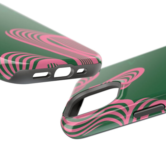 Green & Pink Abstract Phone Case – Retro 3D Line Art Design