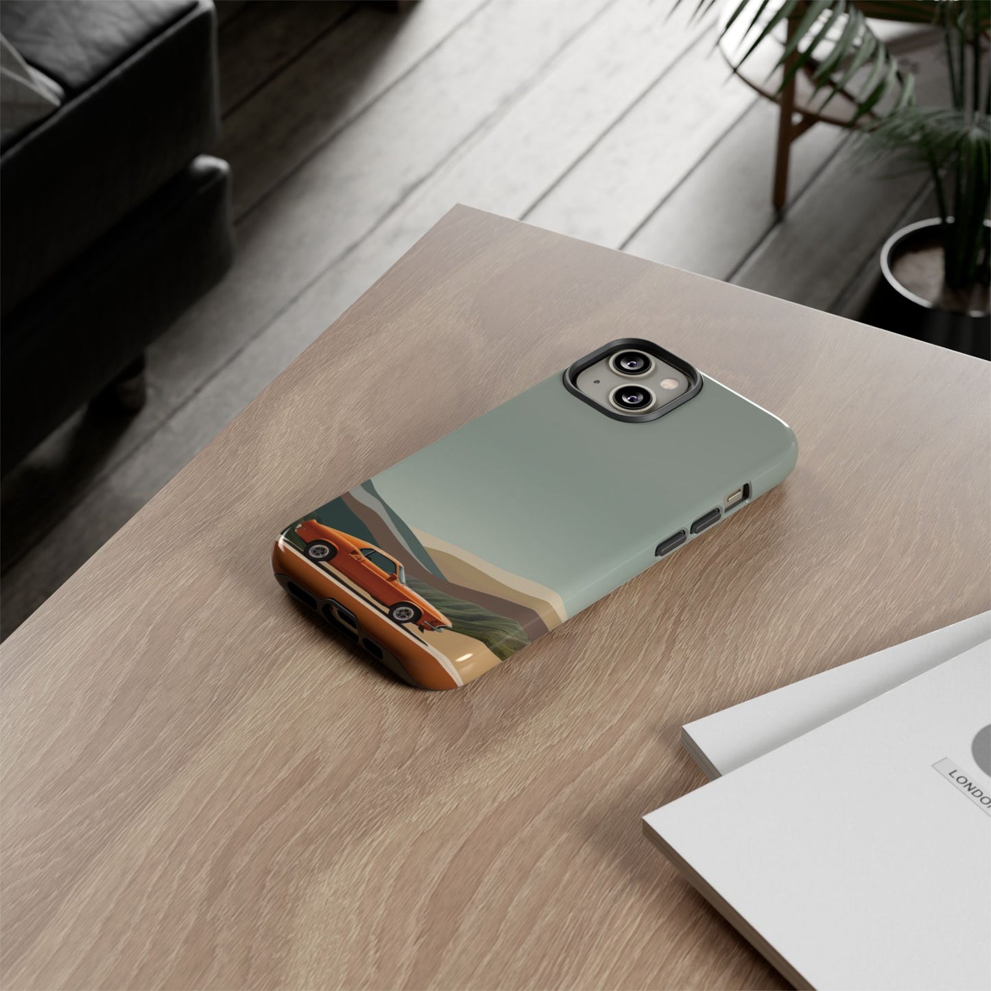 Retro Orange Car Phone Case – Vintage Muscle Car Design with Scenic Mountain Backdrop