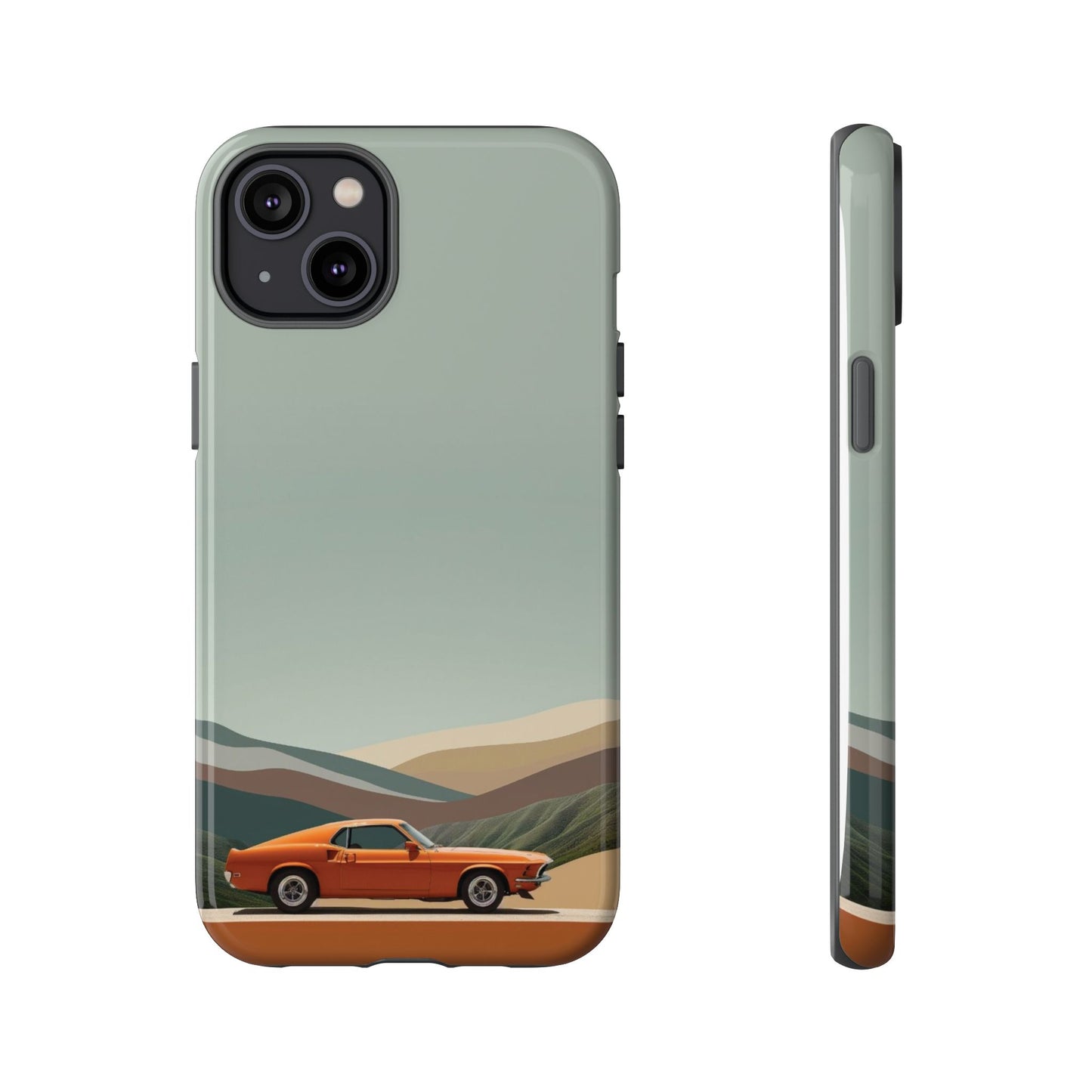 Retro Orange Car Phone Case – Vintage Muscle Car Design with Scenic Mountain Backdrop