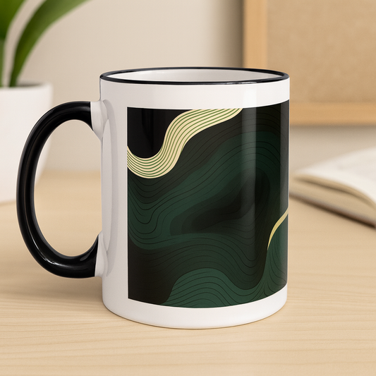 Abstract Green Waves Mug – Modern Black & Green Ceramic Coffee Cup