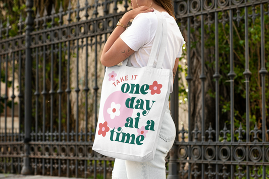 One Day at a Time Tote Bag | Motivational Floral Shopper