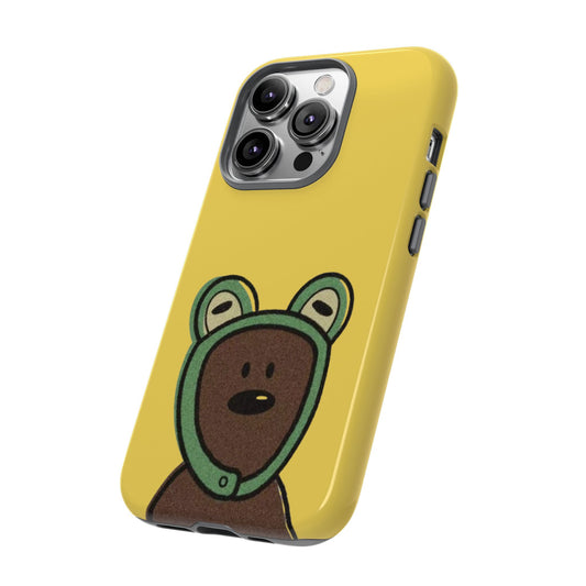 Cute Bean Phone Case – Yellow Background with Frog Hoodie Bear Design