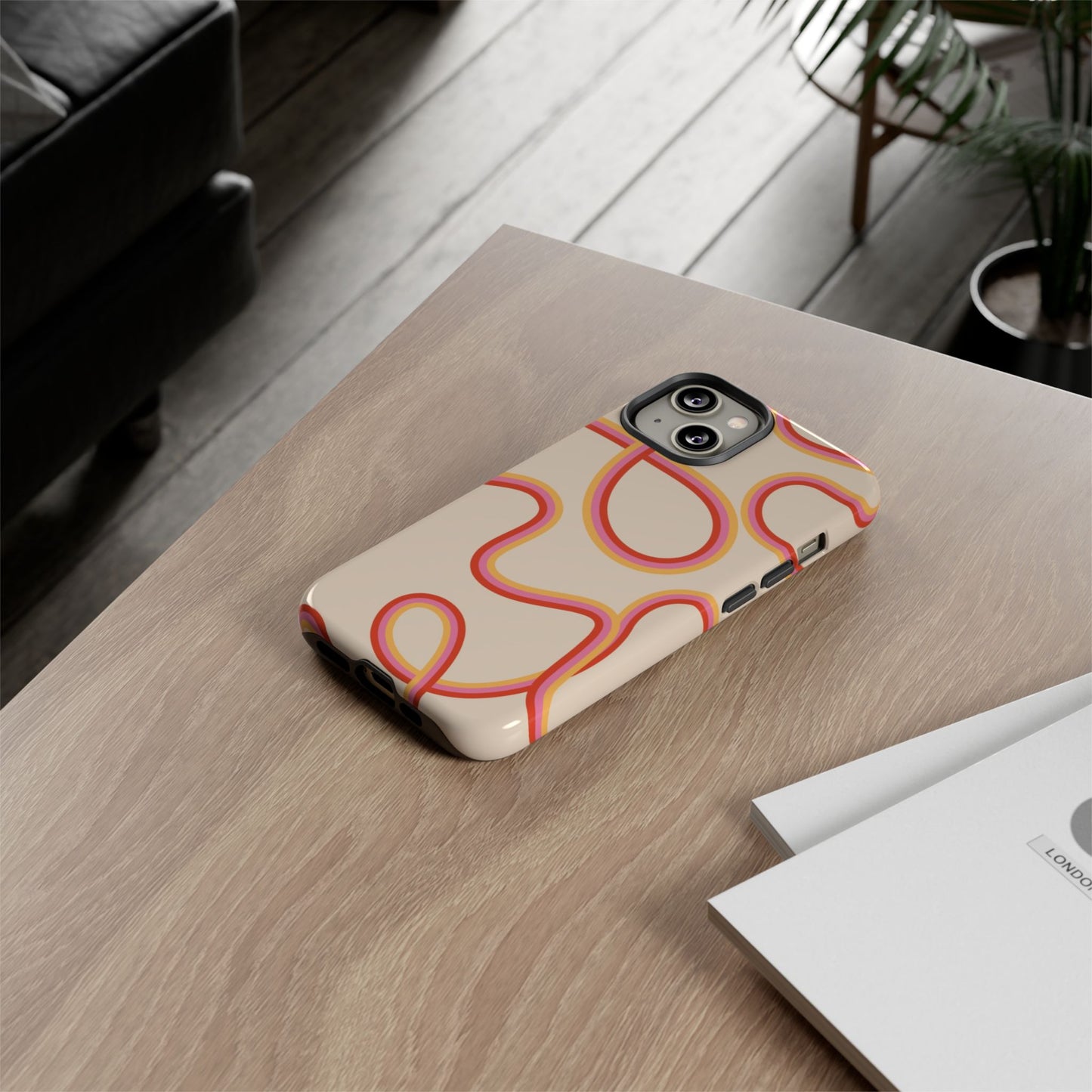 Abstract Wavy Line Phone Case – Retro Orange & Pink Minimal Design