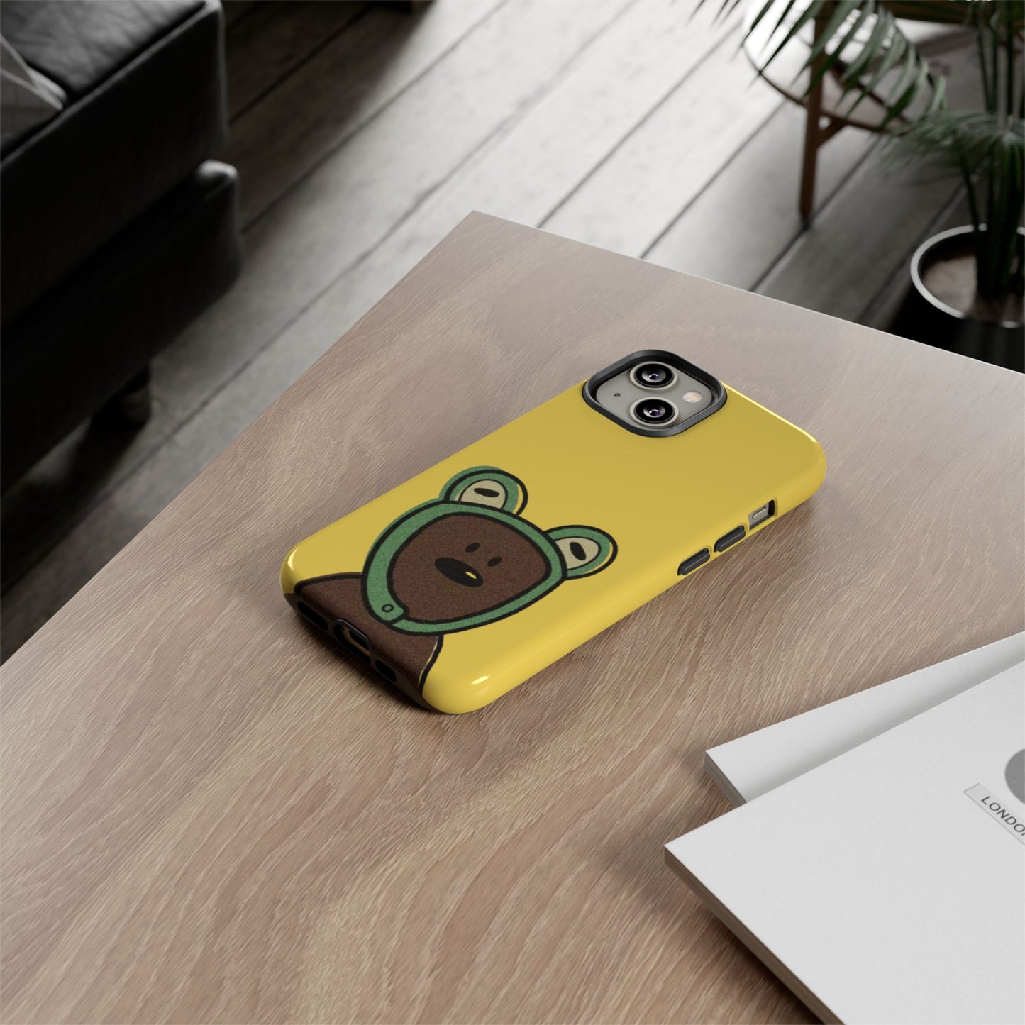 Cute Bean Phone Case – Yellow Background with Frog Hoodie Bear Design