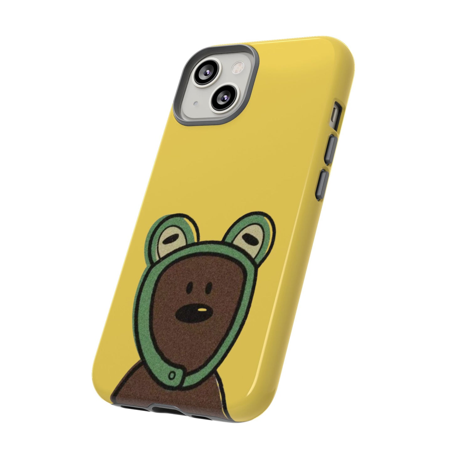 Cute Bean Phone Case – Yellow Background with Frog Hoodie Bear Design