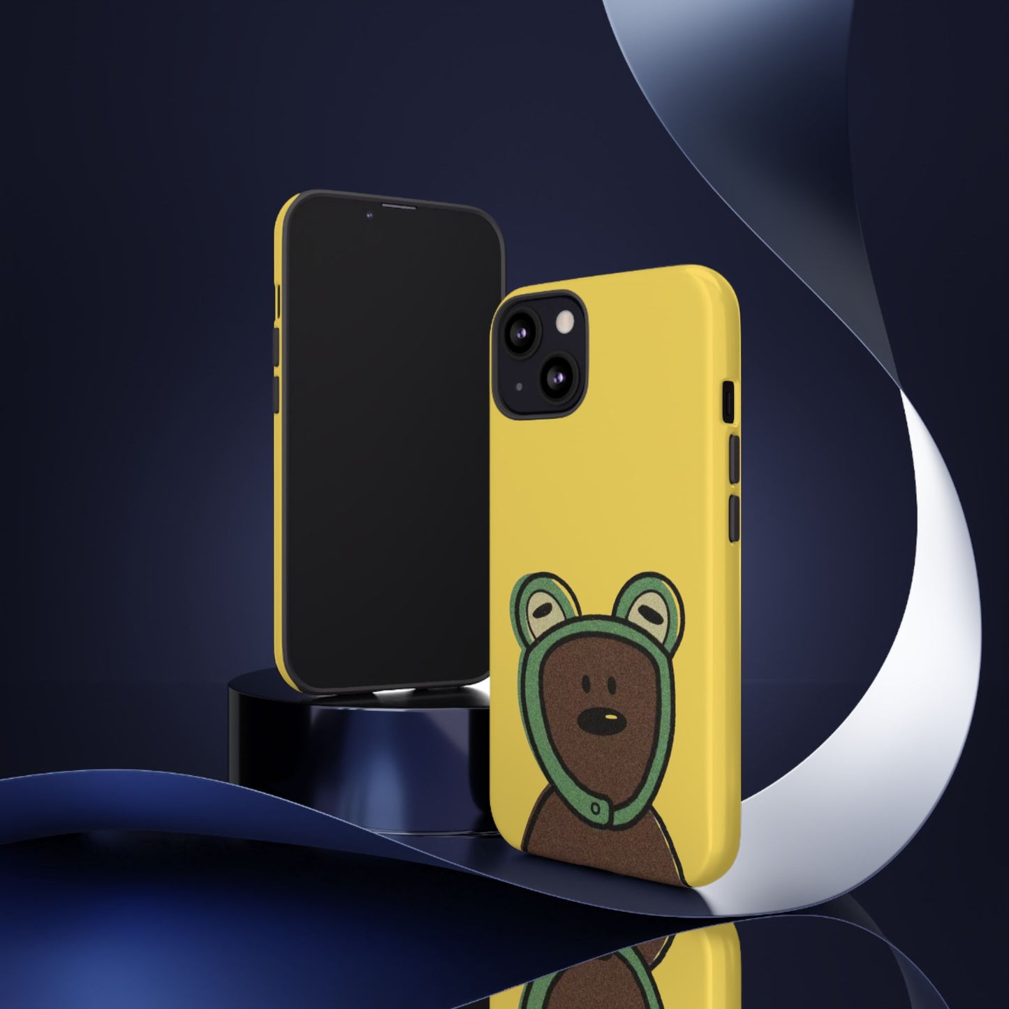 Cute Bean Phone Case – Yellow Background with Frog Hoodie Bear Design