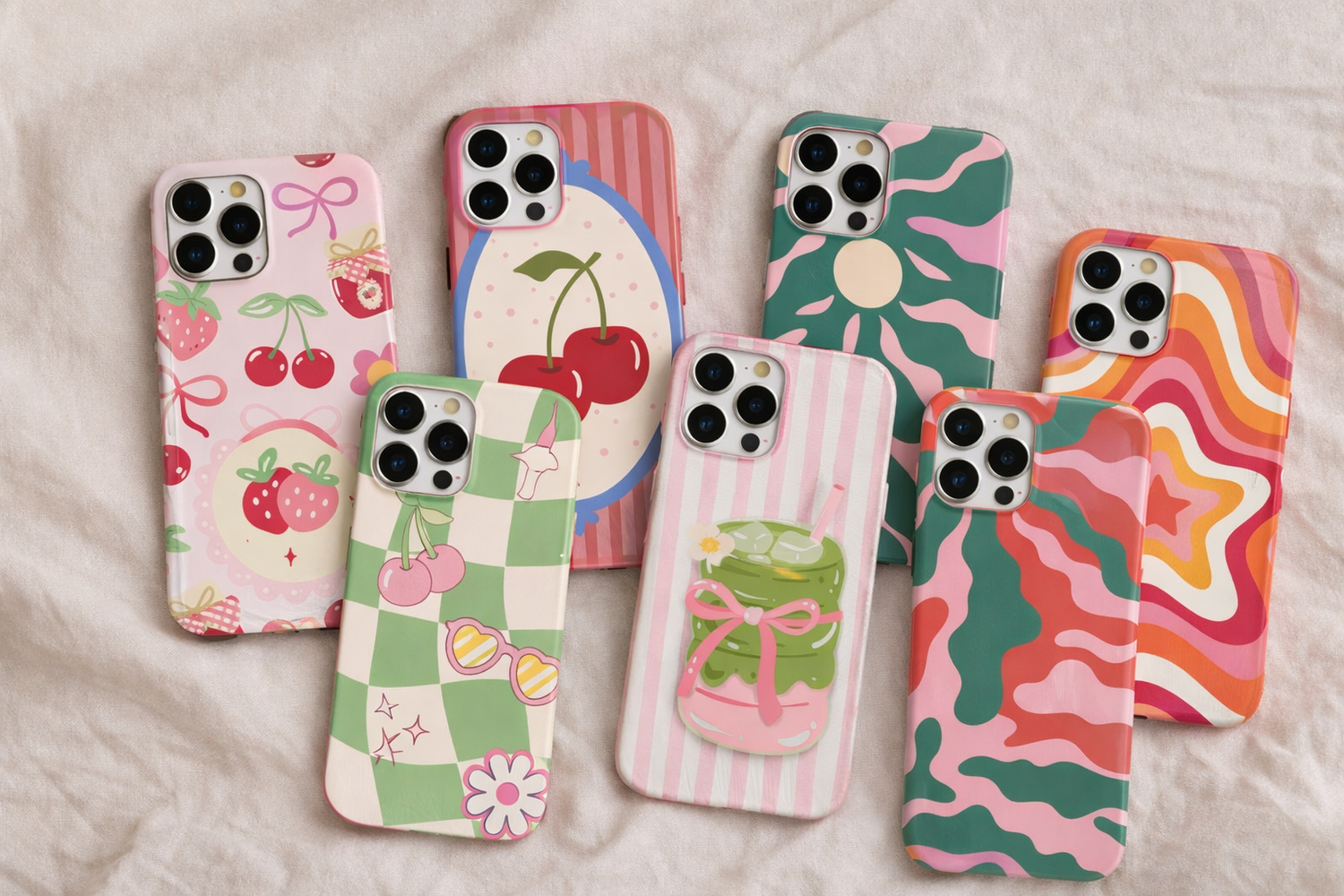 array of different pattern phone covers laying on the bed 