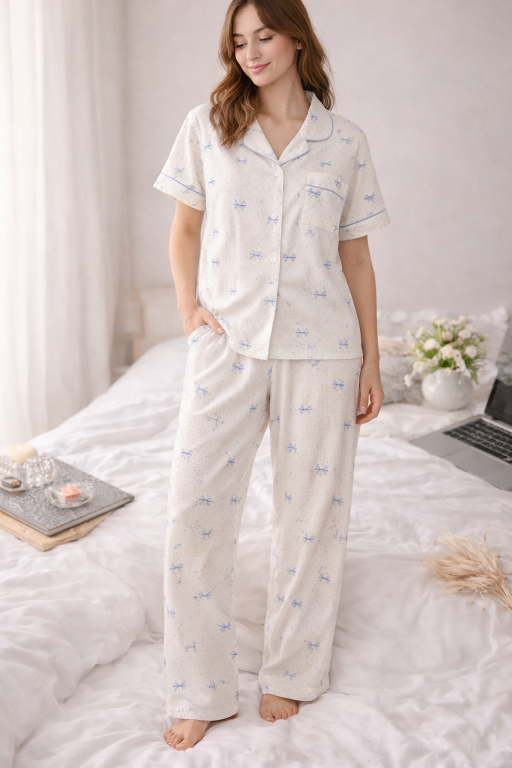 Blue Ribbon Pajama Set – Elegant Bow Print Sleepwear