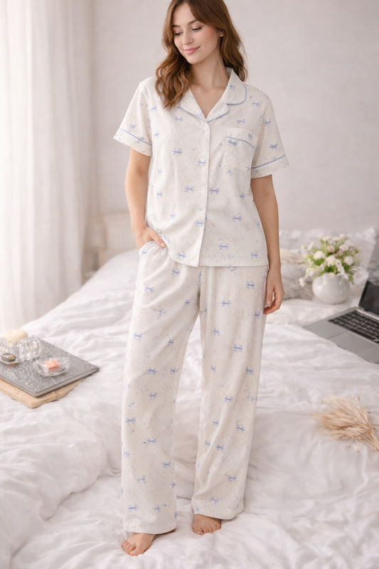 Blue Ribbon Pajama Set – Elegant Bow Print Sleepwear