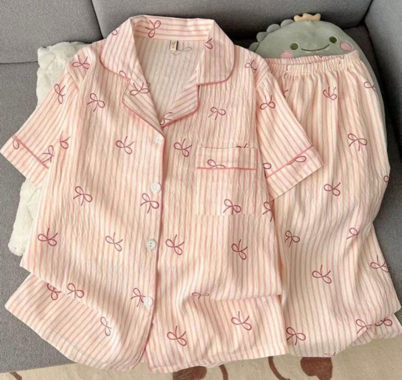 Pink Bow Stripe Pajama Set – Soft Cotton Lounge Sleepwear