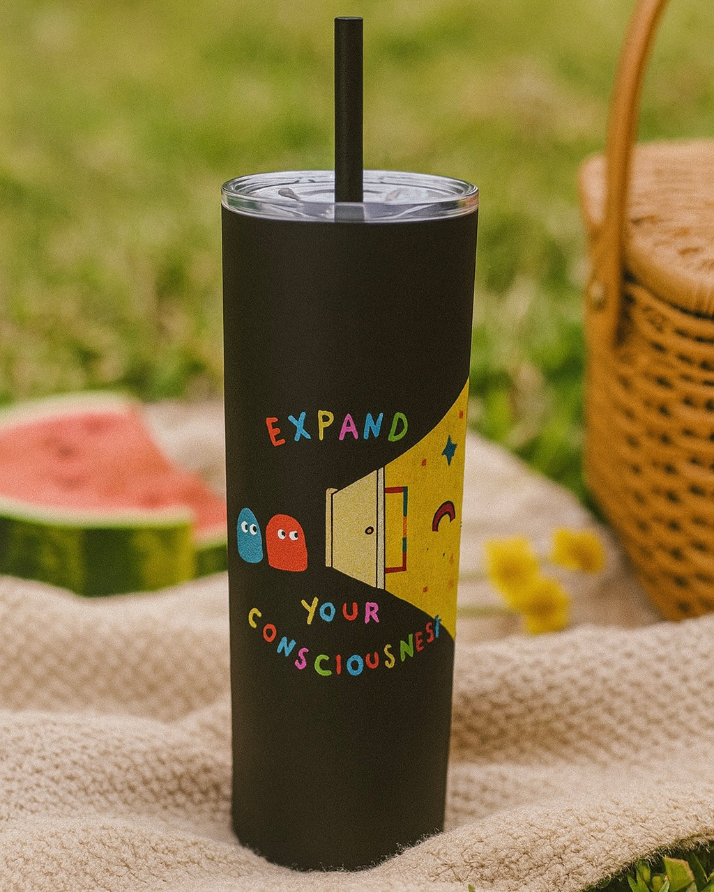 Expand Your Consciousness Tumbler – 20oz Black Stainless Steel with Retro Art