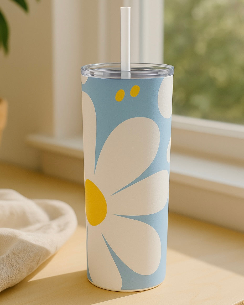 Blue Daisy Bloom Tumbler – 20oz Stainless Steel with Straw