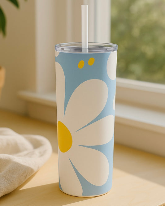 Blue Daisy Bloom Tumbler – 20oz Stainless Steel with Straw
