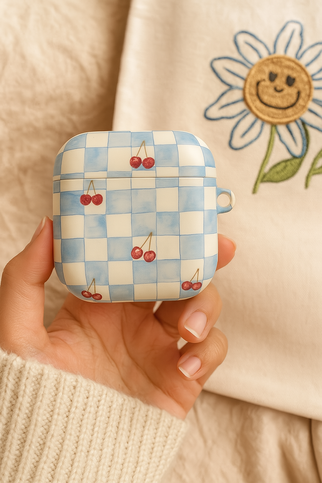 Checkered case with cherries held by a hand against a beige background with floral design