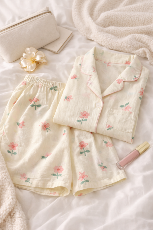 Blush Daisy Cotton Pajama Short Set – Soft Floral Nightwear for Women