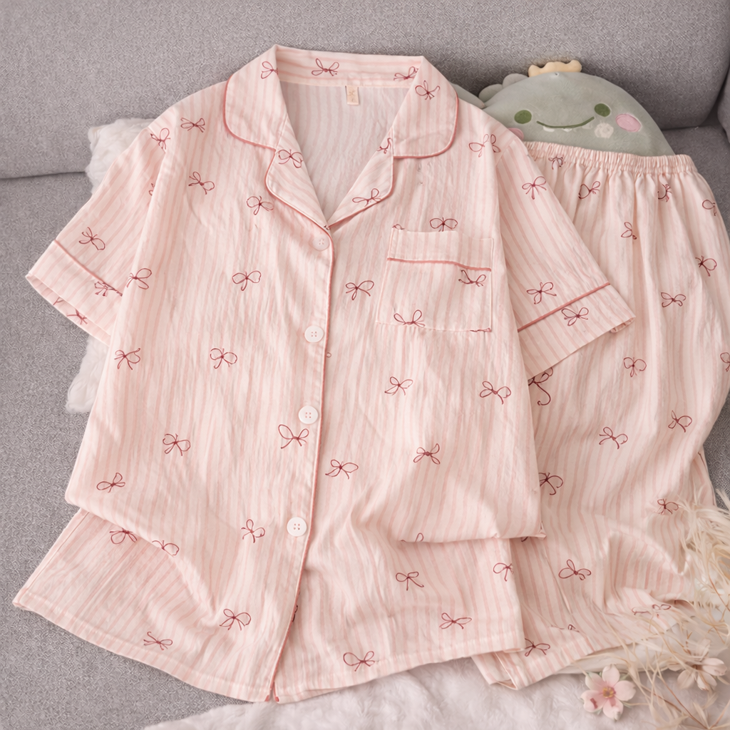 Pink Bow Stripe Pajama Set – Soft Cotton Lounge Sleepwear