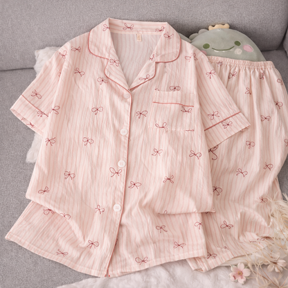 Pink Bow Stripe Pajama Set – Soft Cotton Lounge Sleepwear