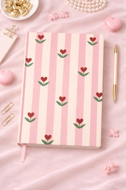 Notebook with heart and flower pattern on pink background