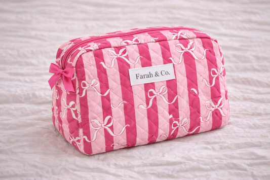 Pretty Bow Quilted Makeup Pouch – Pink Cosmetic Bag