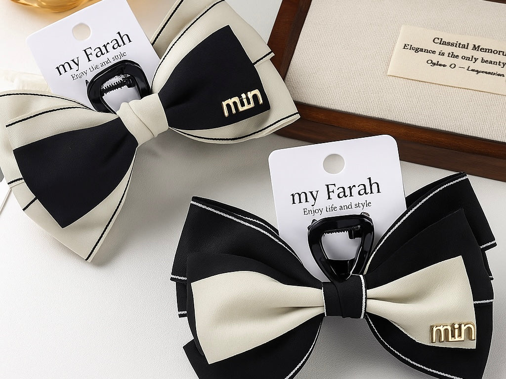 Farah & Co. Classic Bow Hair Clip – Black & White Elegant Style