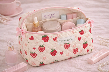 Strawberry Sweet Quilted Makeup Pouch – Cute Cosmetic Bag