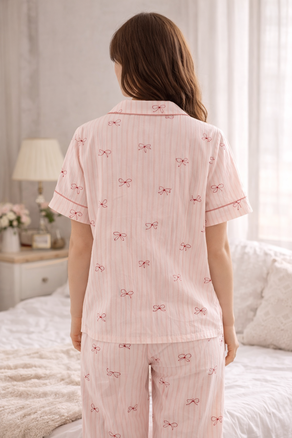 Pink Bow Stripe Pajama Set – Soft Cotton Lounge Sleepwear
