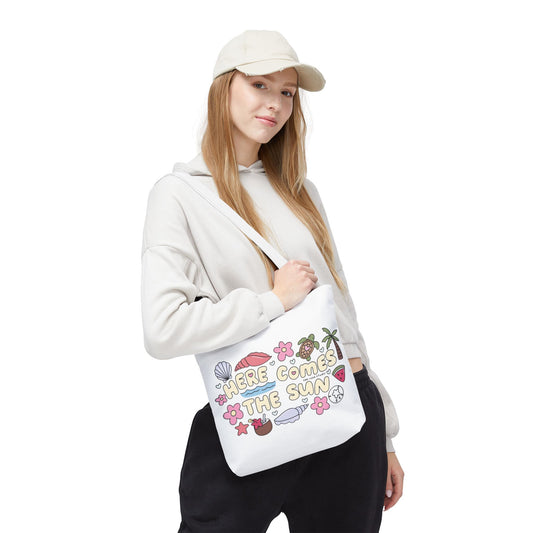 White tote with themed illustration "Here comes The Sun "