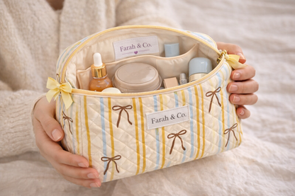 Golden Ribbon Quilted Makeup Pouch – Bow Cosmetic Bag