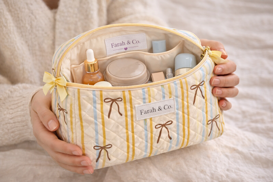 Golden Ribbon Quilted Makeup Pouch – Bow Cosmetic Bag