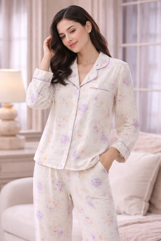 Lavender Blossom Cotton Pant Pajama  Set