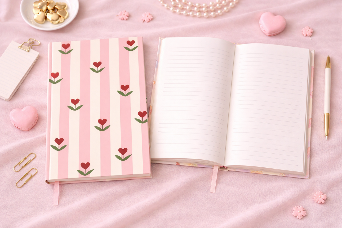 Cute Pink Floral Heart Notebook A4 | Hard Cover Journal | Ruled Pages | Aesthetic Stationery Gift for Girls