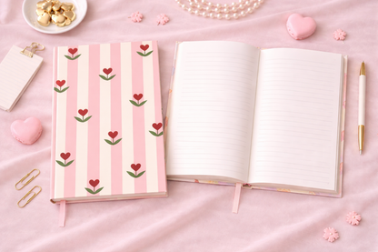 Cute Pink Floral Heart Notebook A4 | Hard Cover Journal | Ruled Pages | Aesthetic Stationery Gift for Girls