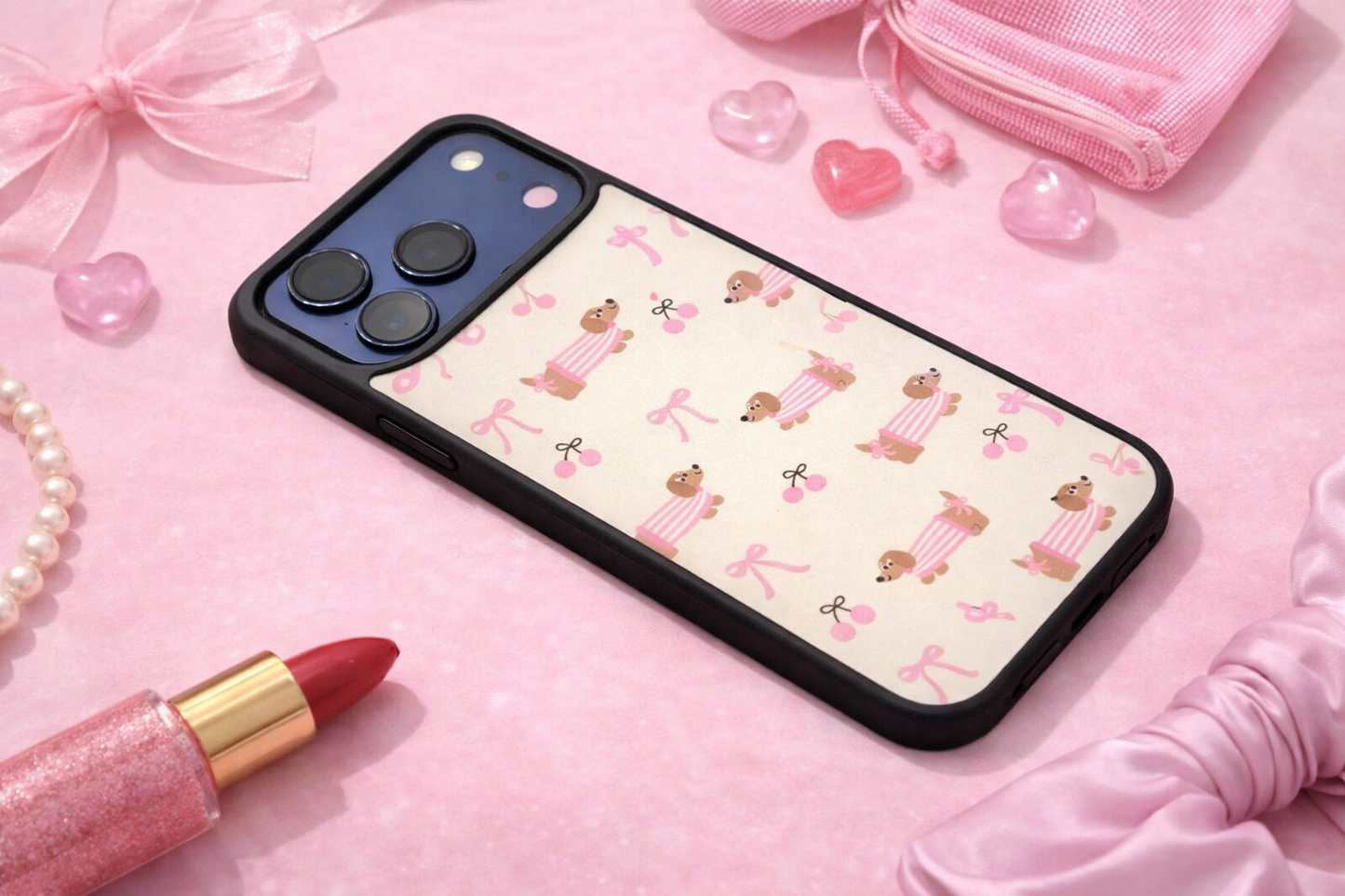 Cute Dachshund Phone Case – Pink Bow Aesthetic Cover