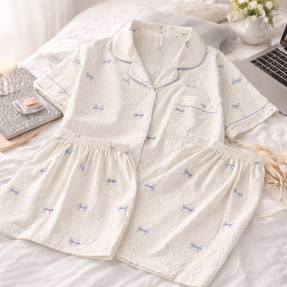 Blue Ribbon Pajama Set – Elegant Bow Print Sleepwear