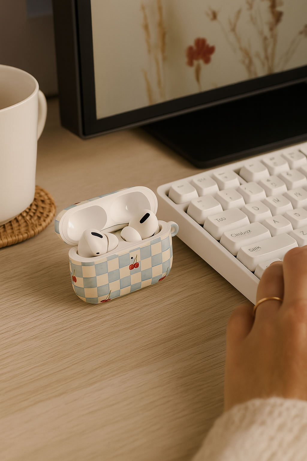 Checkered case with wireless earbuds on a desk next to a keyboard and mug