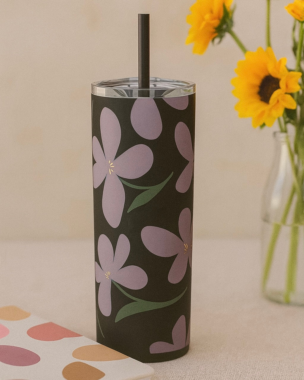 Midnight Bloom Floral Tumbler – 20oz Black Stainless Steel with Straw