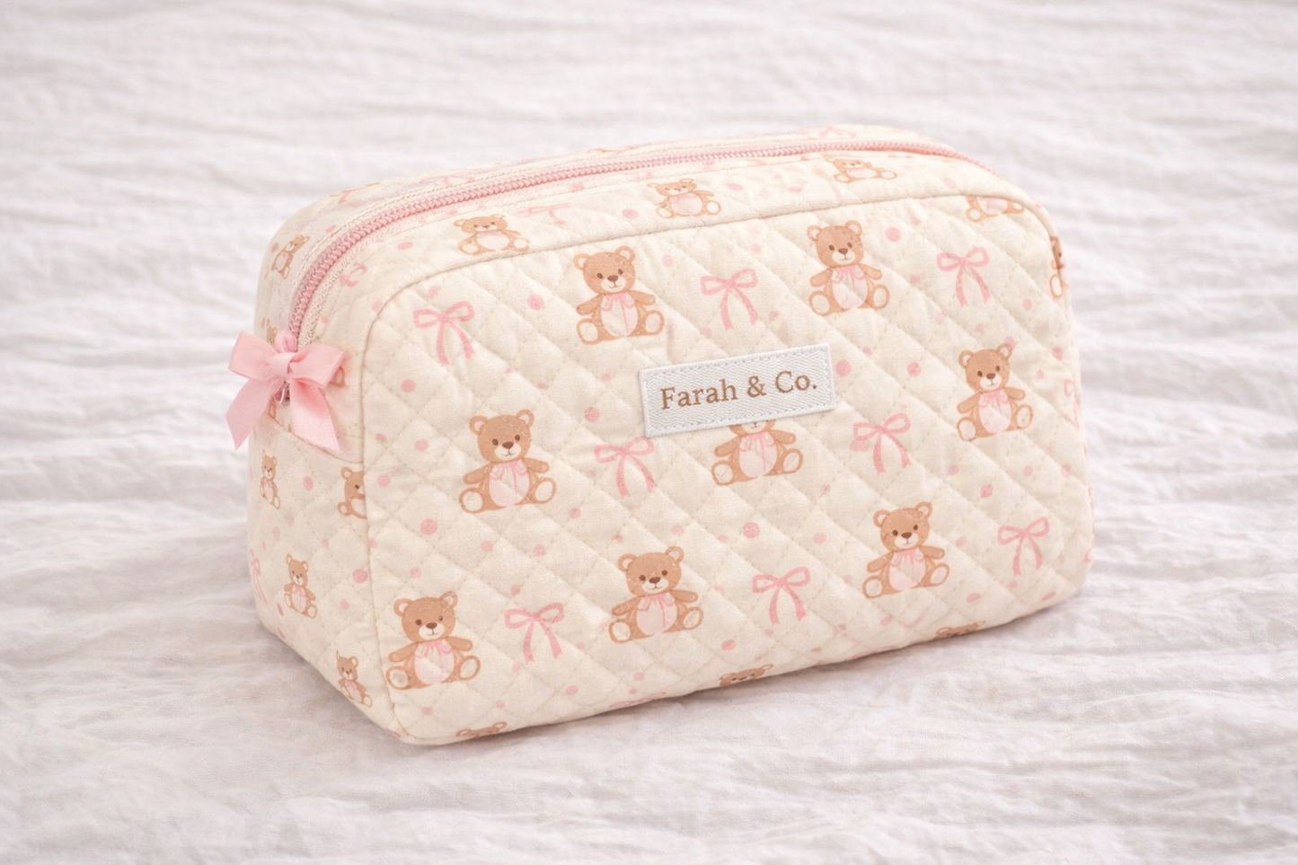 Teddy Love Quilted Makeup Pouch – Cute Toiletry Bag