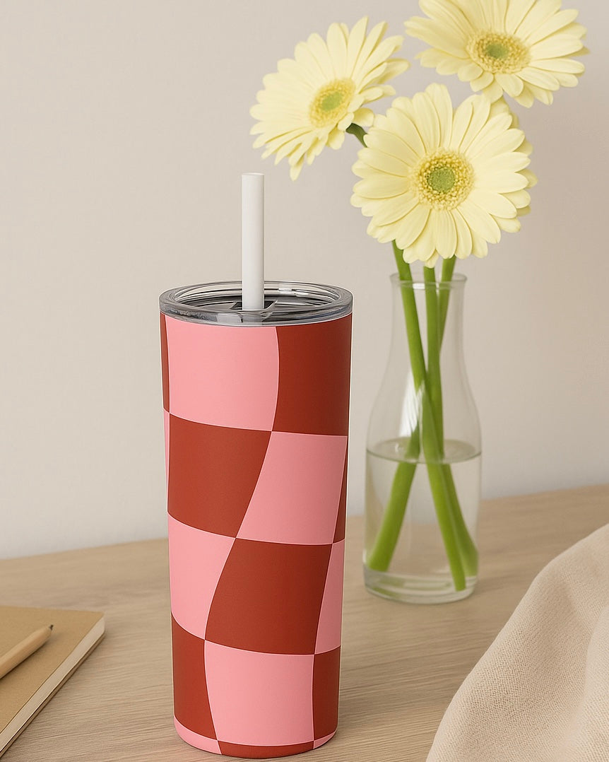Groovy Checkerboard Tumbler – 20oz Pink & Red Stainless Steel Cup